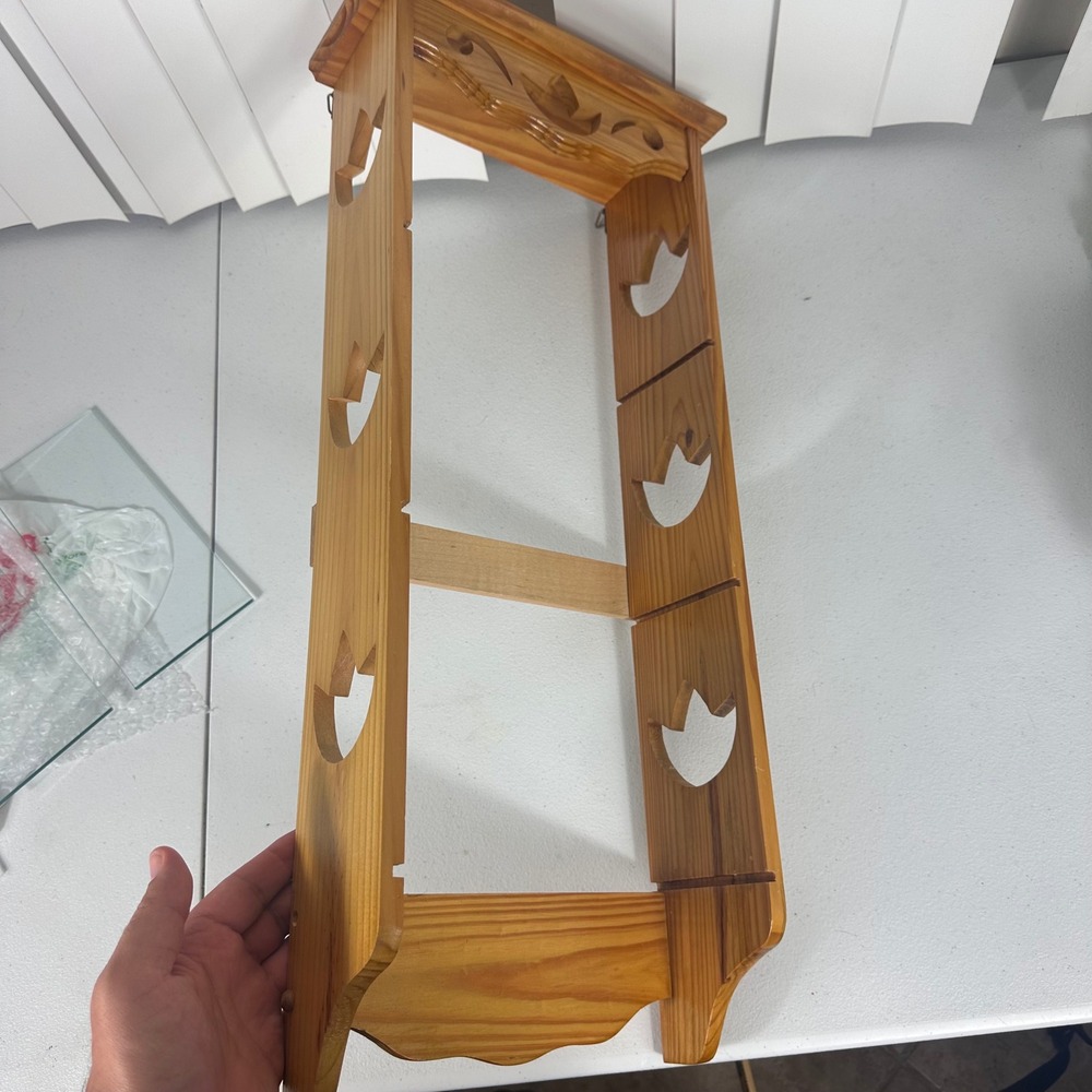 Vintage Wooden Wall Rack Brown Tulip Cutout Rustic Farmhouse Decor Glass Shelves